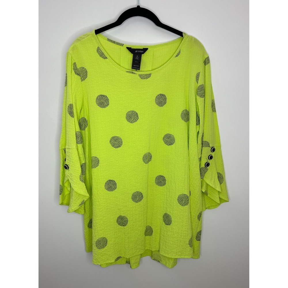 Ali Miles Neon Green Polka Dot Crinkle Textured 3/4 Bell Sleeve Tunic Top Medium - Picture 14 of 14